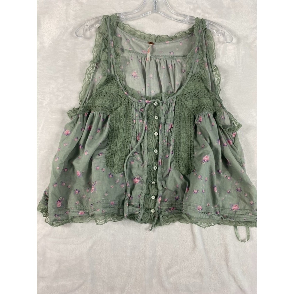 Free People Tank Blouse Top Women Sz L Green Lace Accent Forest Fairy - Picture 2 of 13